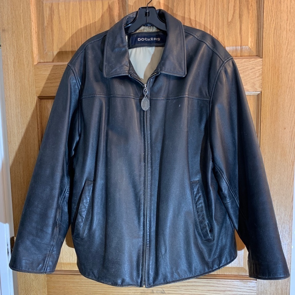 Dockers Retro Y2K 100% Cow Hide Leather Black Jacket Men’s Size L Distressed